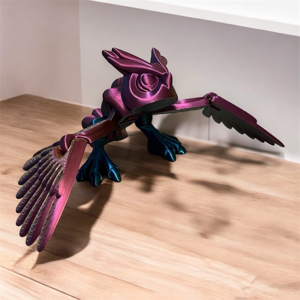 3D printed Flying Owl, multicolor and fully operational. Articulated Owl